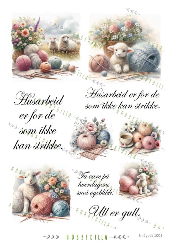 Rispapir A4 Smågodt 1001 Sauer og strikking med tekst
