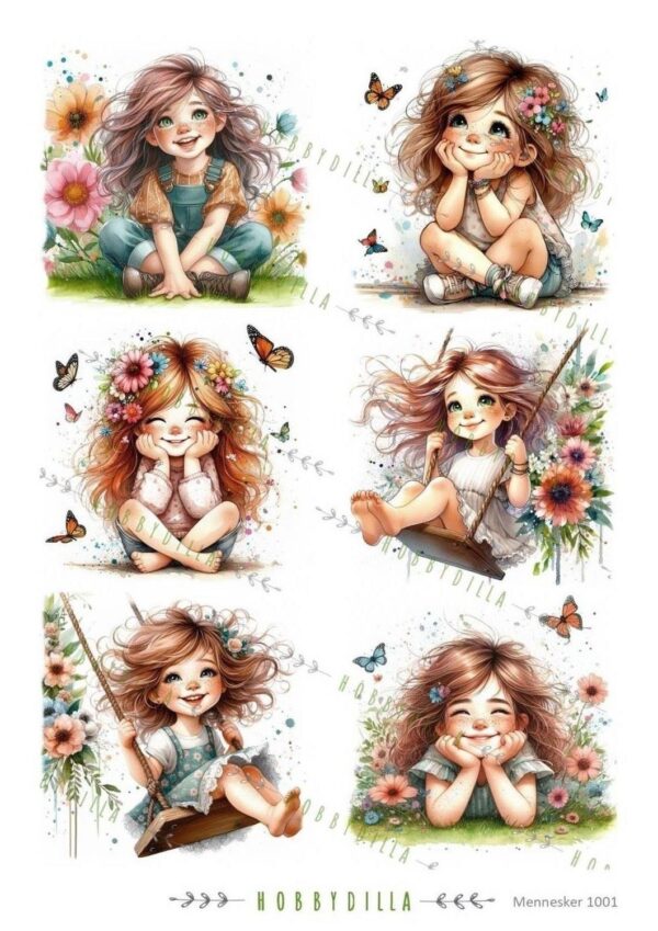 Rispapir A4 Mennesker 1001 Søte jenter, blomster og sommerfugler