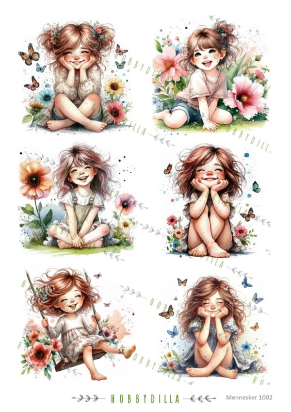 Motivark Mennesker 1002 M  Søte jenter, blomster og sommerfugler 2