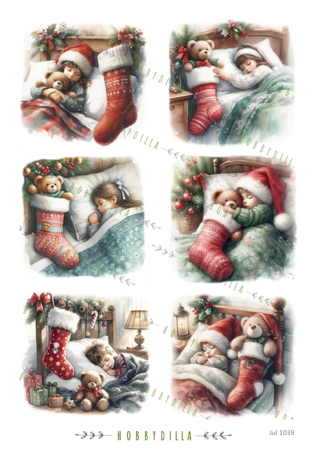 Motivark A4 Jul 1039 Sovende barn med julestrømpe Jul 1039 M - Bilde 1