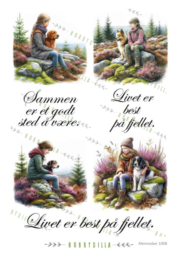 Motivark Mennesker 1008 M  Fjellet, hund, jente, lyng