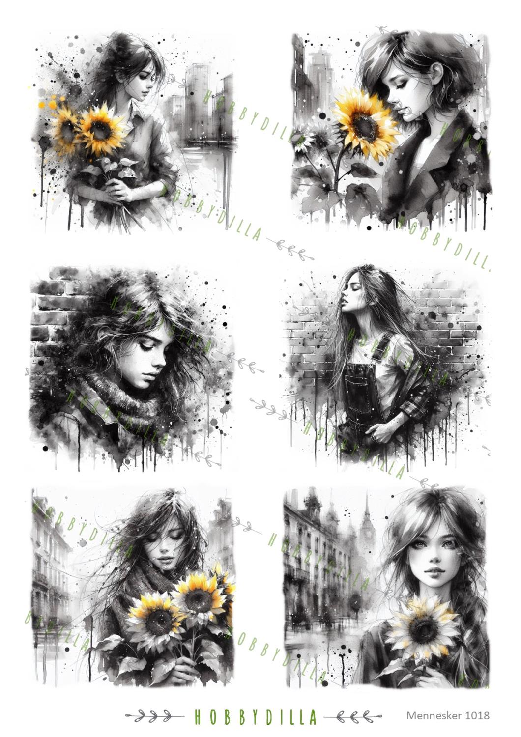 Motivark Mennesker 1018 Svart hvit, jenter med solsikker - Bilde 1