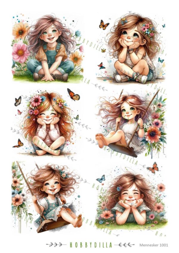 Motivark Mennesker 1001 M Søte jenter, blomster og sommerfugler
