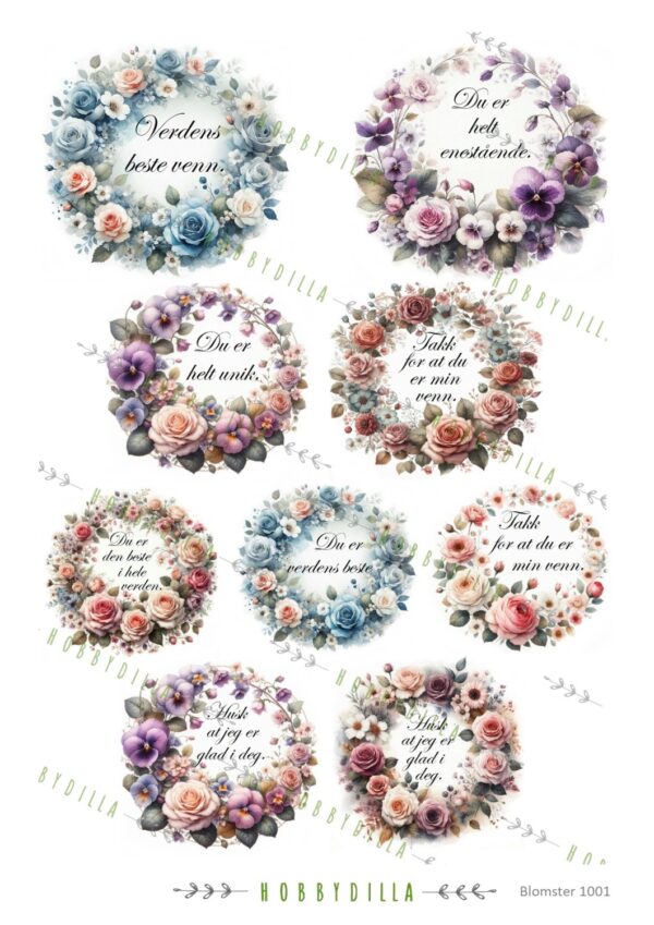 Motivark  Blomster 1001 M Roserammer med teks