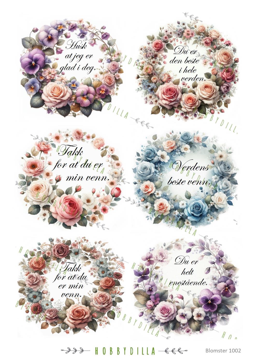 Motivark  Blomster 1002 M Roserammer med tekst, store - Bilde 1