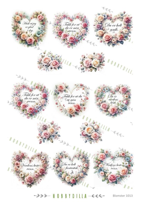 Motivark  Blomster 1013 M Hjerterammer med tekst