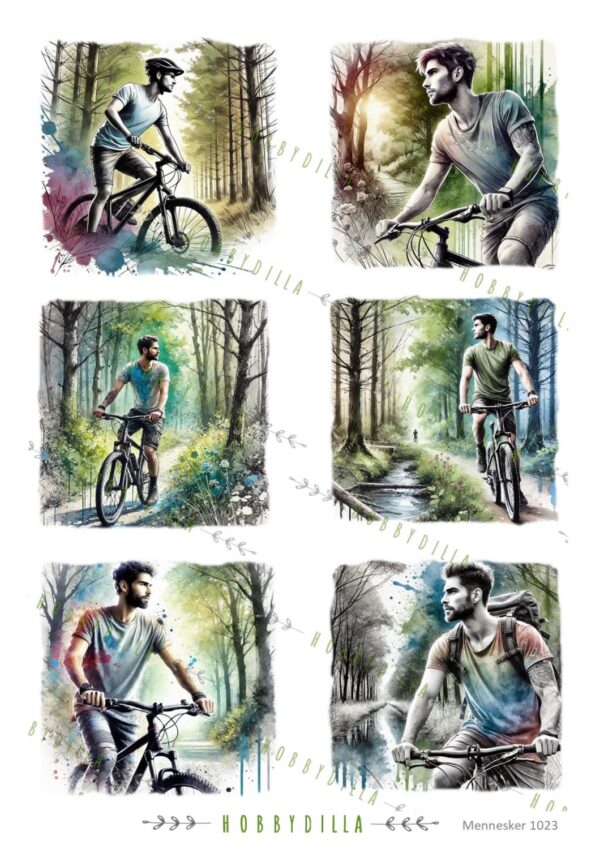 Motivark Mennesker 1023 M Menn sykler i skogen