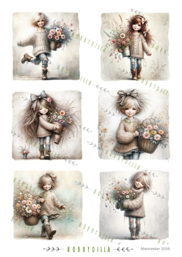 Rispapir A4 Barn 1034 Jenter med blomsterkurv