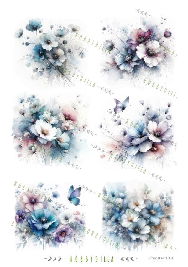 15479.jpg Rispapir A4 Blomster 1010 Lilla og blå