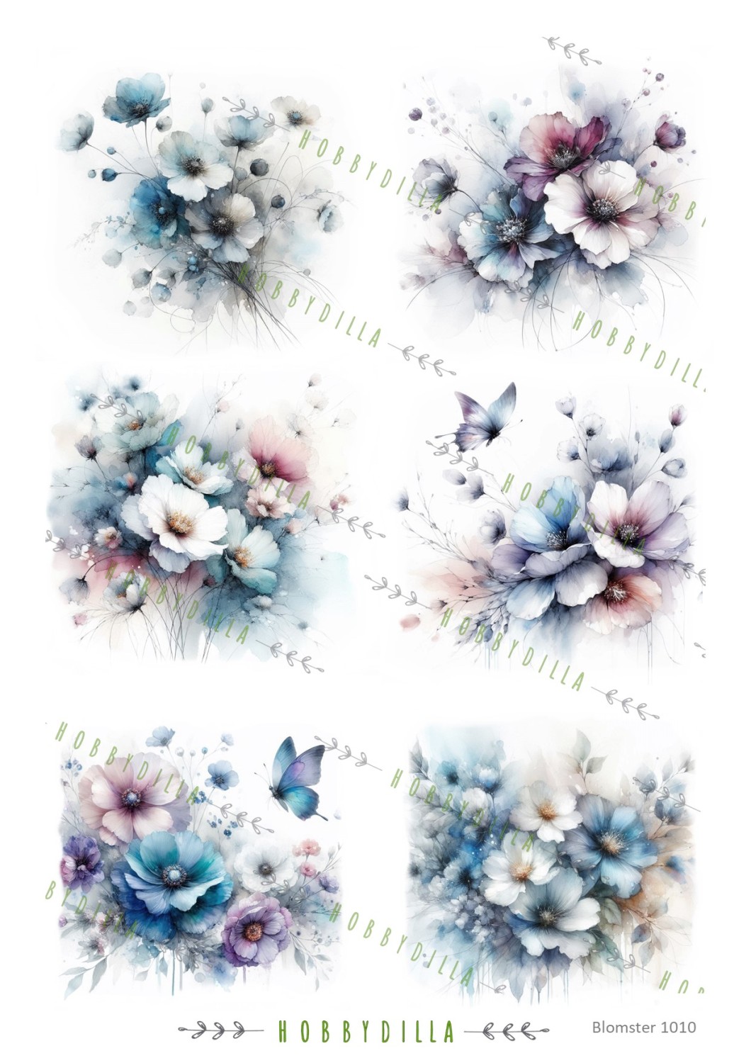 Rispapir A4  Blomster 1010 Lilla og blå - Bilde 1