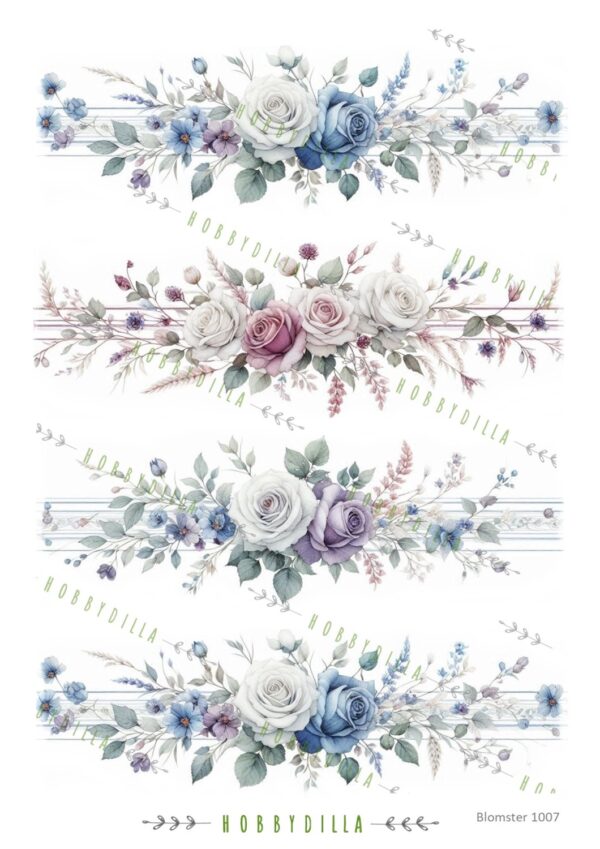 15482.jpg Rispapir A4 Blomster 1007 Rosebord Blå