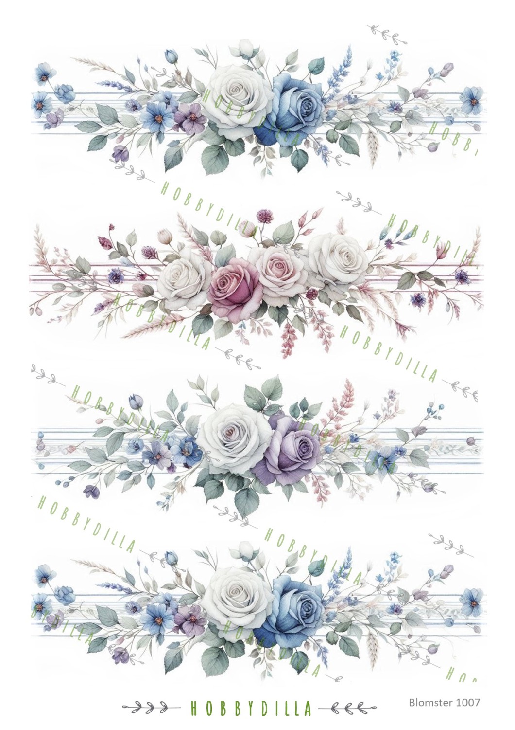 Rispapir A4 Blomster 1007 Rosebord Blå - Bilde 1