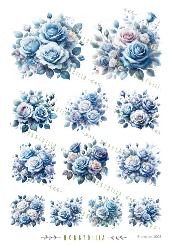 15484.jpg Rispapir A4 Blomster 1005 Blå roser