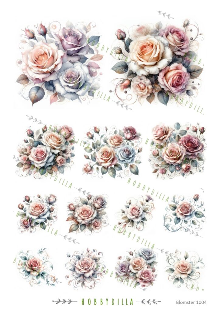 Rispapir A4 Blomster 1004 Roser med swirls