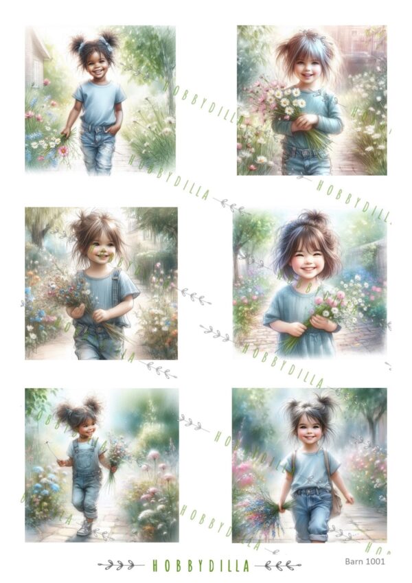 16020.jpg Rispapir A4 Barn 1001 Jenter med sommerblomster