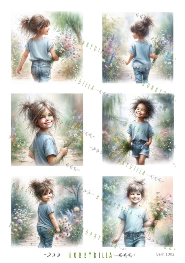 Motivark  Barn 1002 M Jenter med sommerblomster