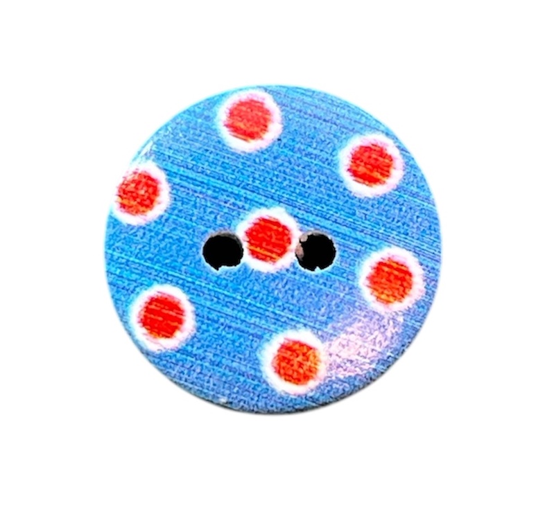 Knapp 2 hulls 15 mm Blå / Røde Prikker - Bilde 1