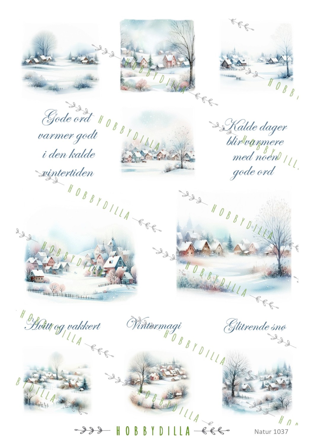 Motivark  Natur 1037 M Vinterlandsby med tekster - Bilde 1