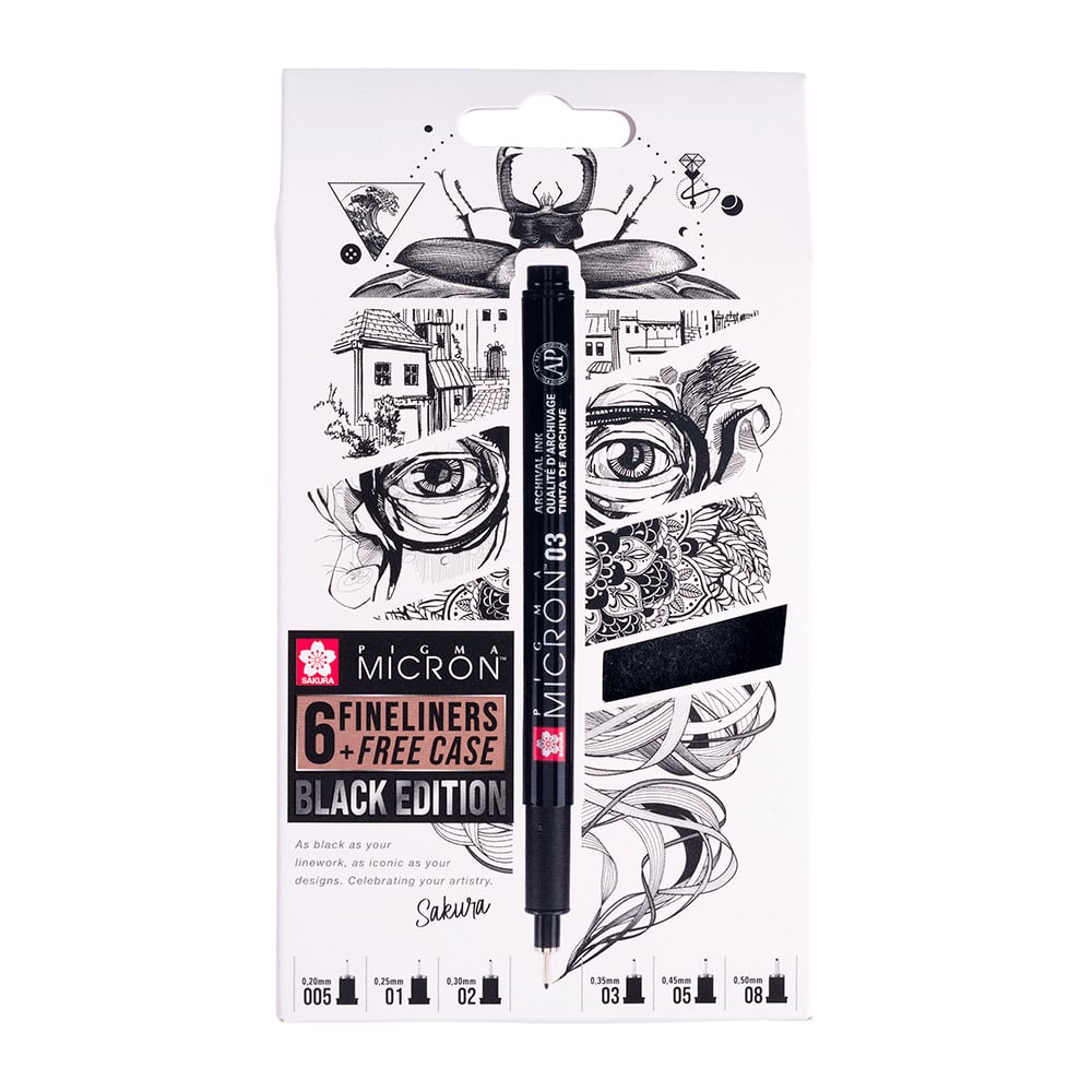 Sakura Pigma Micron Black Edition – 6stk + Pennal - Bilde 1