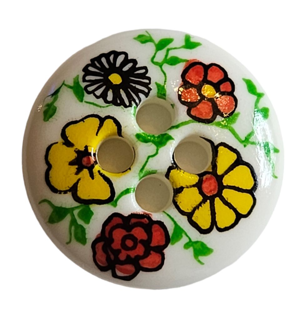Knapp, 4 hulls, 15mm, Hvit m/Sommerblomster - Bilde 1