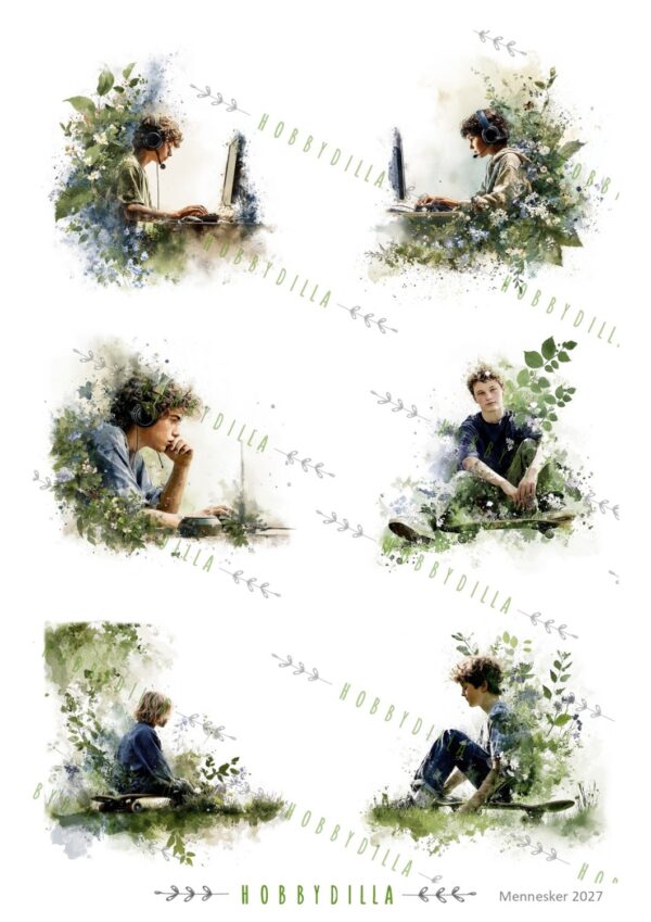 17665.jpg Motivark Mennesker 2027 M Gutter i grønt med PC og skate board