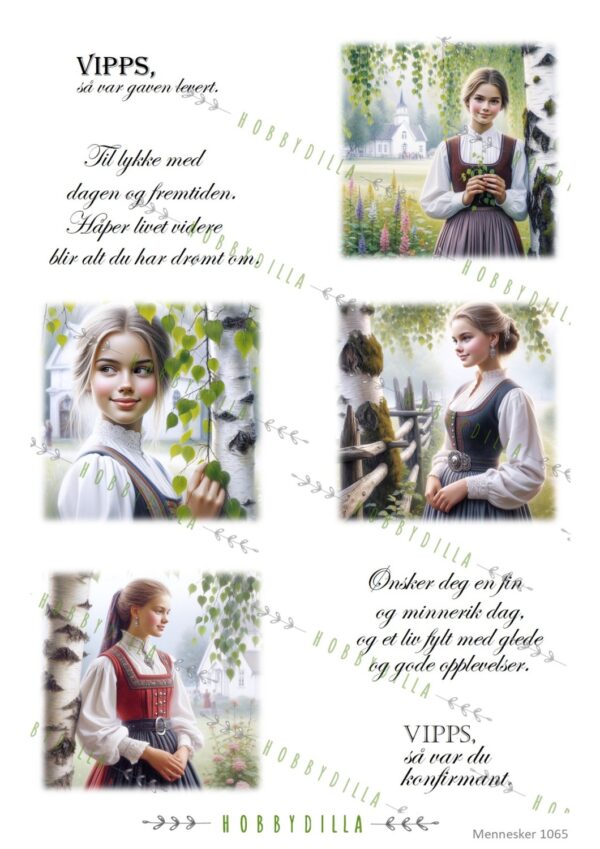 Motivark Mennesker 1065 Jenter med bunad, og tekst