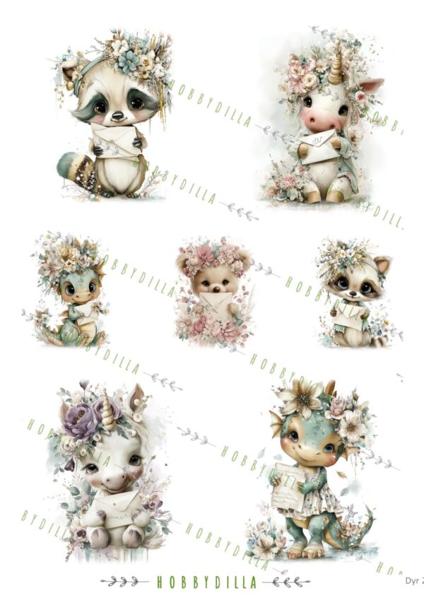 Motivark Dyr 2015 M Søte dyr med blomster og brev