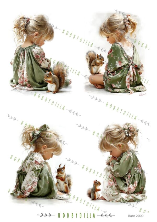 Motivark Barn 2009 M Jente i grønn kjole og ekorn