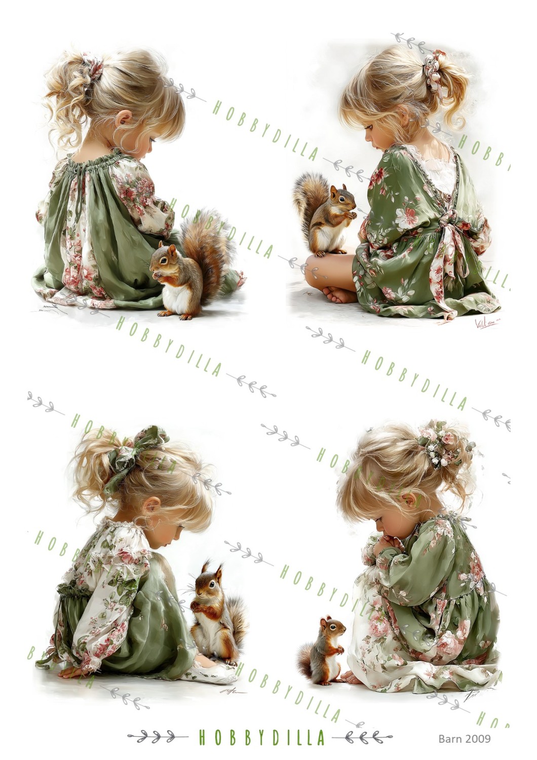 Motivark Barn 2009 M Jente i grønn kjole og ekorn - Bilde 1