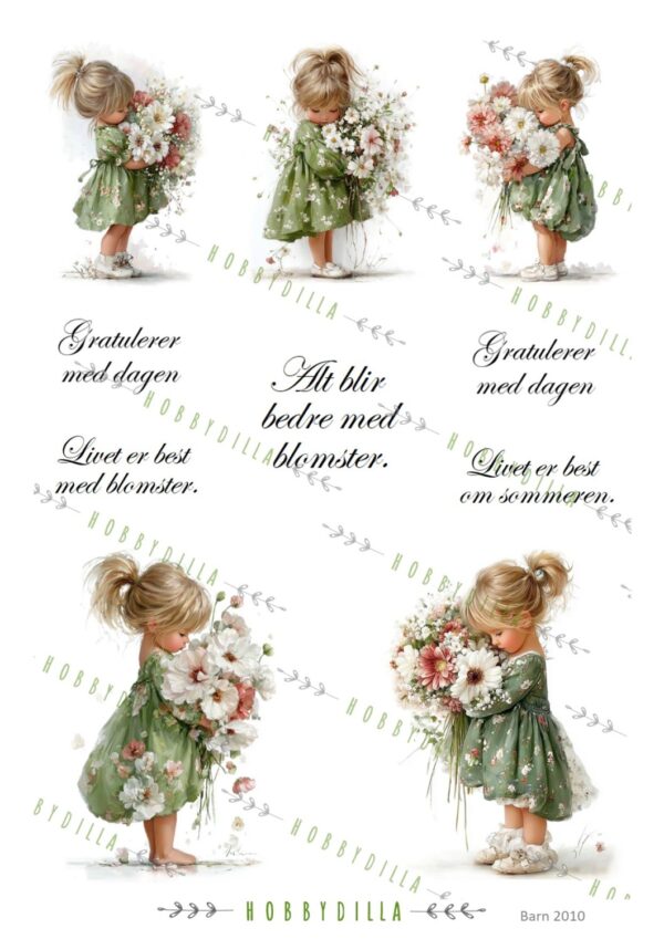 Motivark Barn 2010 M Jente med grønn kjole og blomster