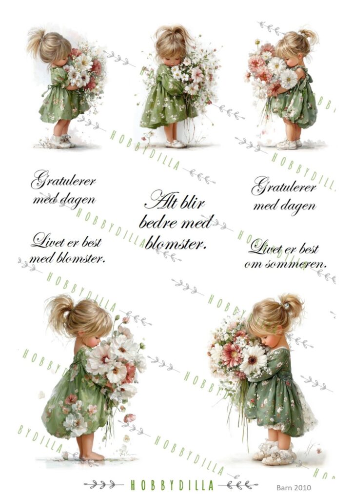 Motivark Barn 2010 M Jente med grønn kjole og blomster