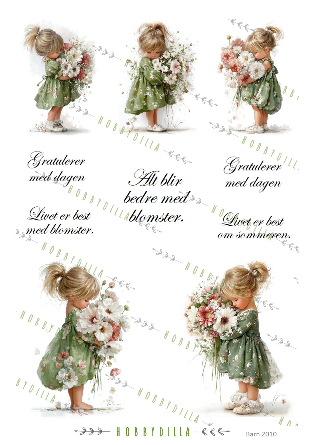 Motivark Barn 2010 M Jente med grønn kjole og blomster - Bilde 1