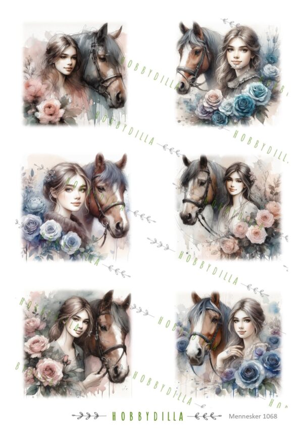 Motivark Mennesker 1068 M Jente, hest og roser