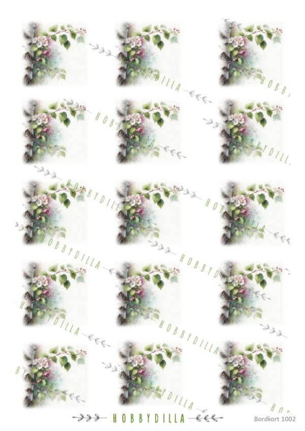 Motivark Bordkort 1002 M Bjørk med rosa blomster