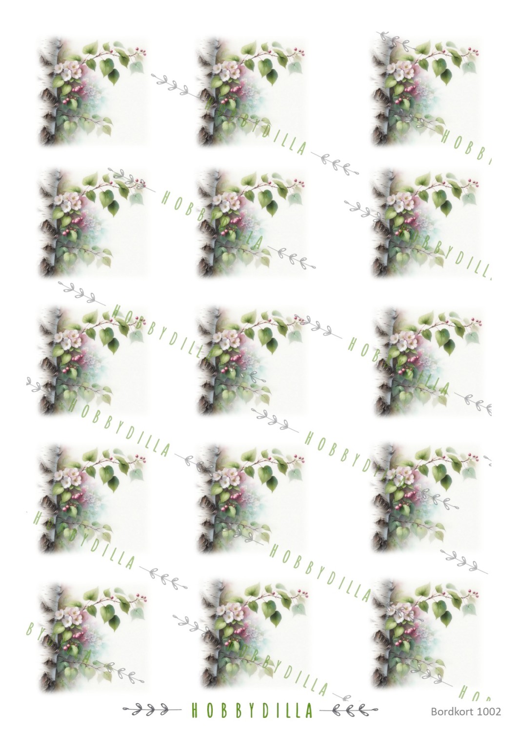 Motivark Bordkort 1002 M Bjørk med rosa blomster - Bilde 1
