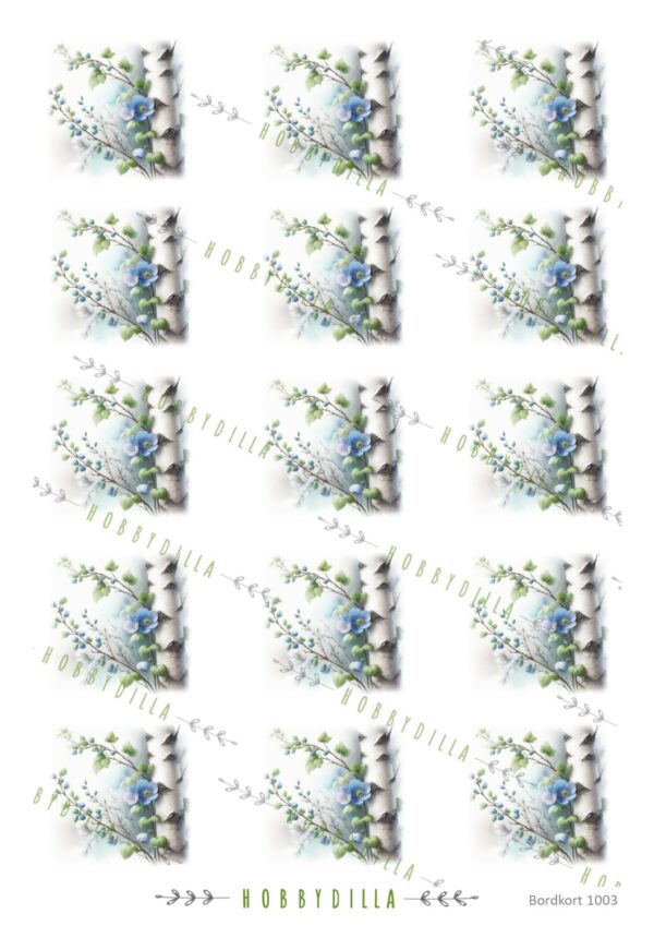 Motivark Bordkort 1003 M Bjørk med blå blomster