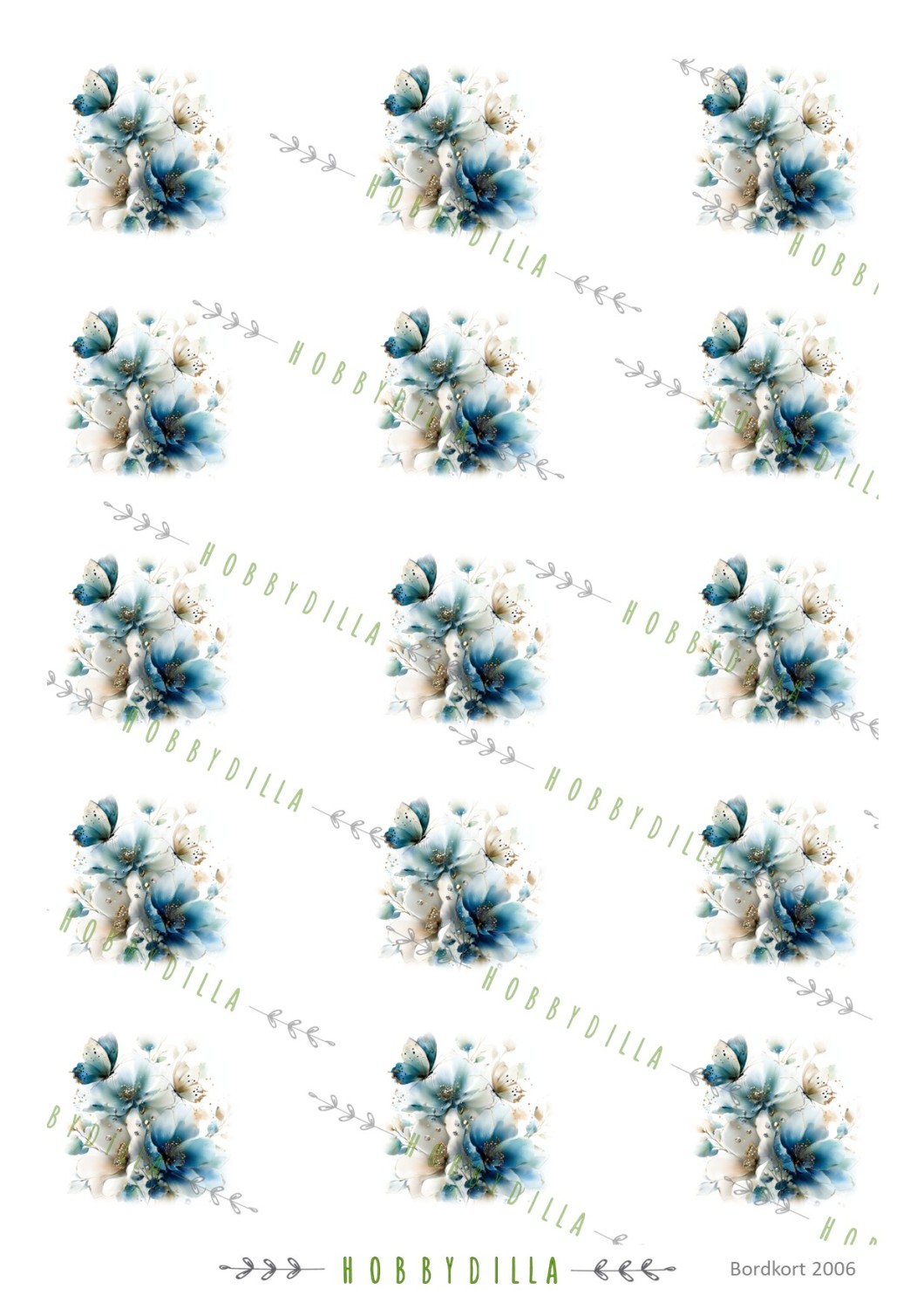 Motivark Bordkort 2006 M Blå blomster - Bilde 1