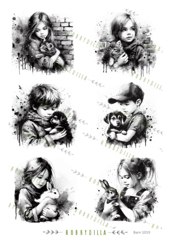 Motivark Mennesker 1019 Svart hvit, barn med dyr M