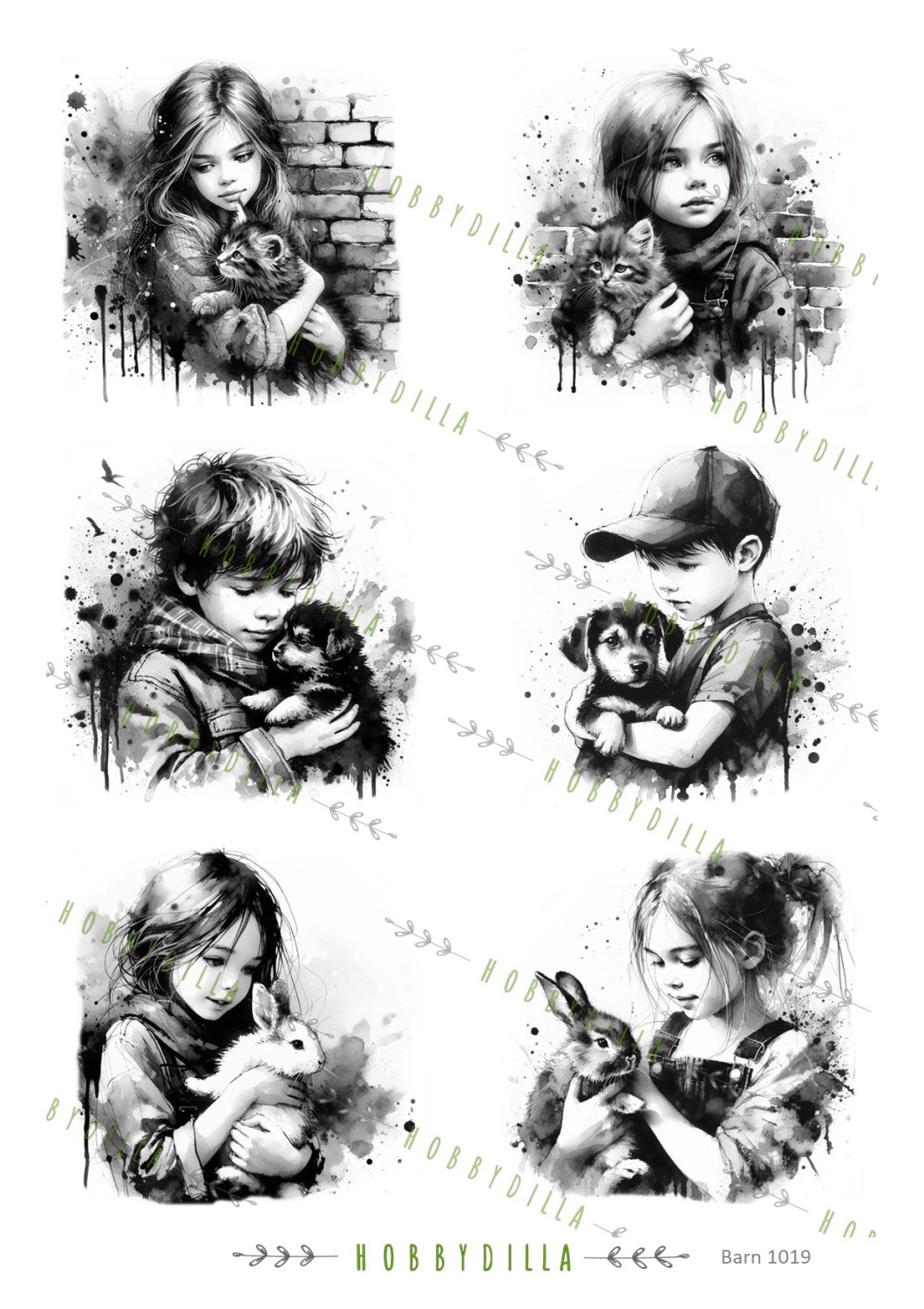 Motivark Mennesker 1019 Svart hvit, barn med dyr M - Bilde 1