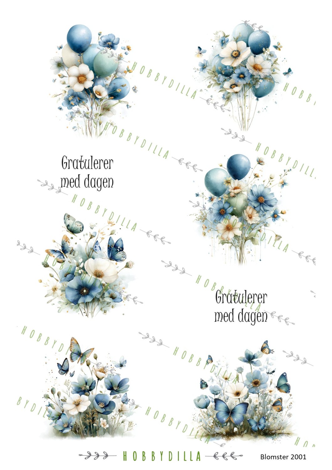 Motivark Blomster 2001 M Blomster, Ballonger og Sommerfugler, Blå - Bilde 1