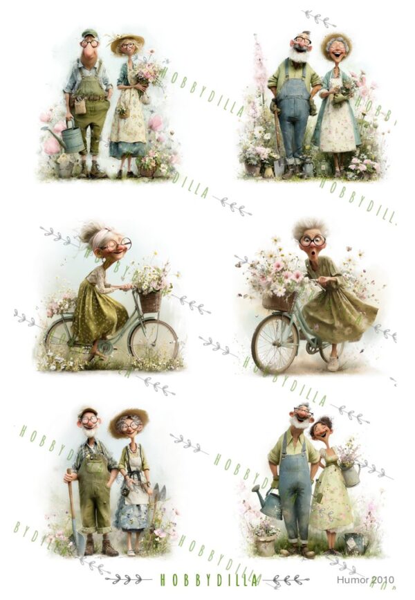 Motivark Humor 2010 M Gamle i Hagen og på Sykkel