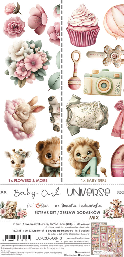 Craft O`Clock Baby Girl Universe - Mix Sett med 18 stk Klippeark