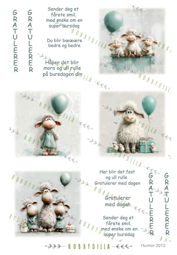 Motivark Humor 2012 M Sauer med ballonger og tekst