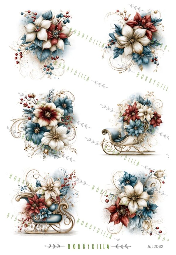 Motivark Jul 2062 M Juleblomster med Swirls og Slede