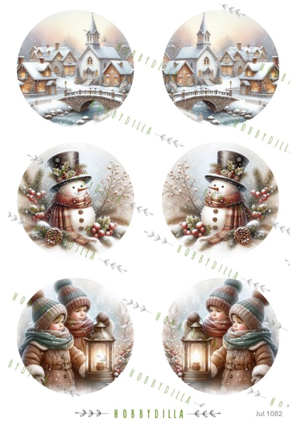 Rispapir A4 Jul 1082 Runde Julebilder i Bruntoner watermark